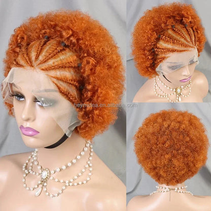 13x4 Lace Front Afro Short Curly Wig Human Hair Precolored Front Braided Afro Curly Human Hair Wig Brazilian Bouncy Curly Hair
