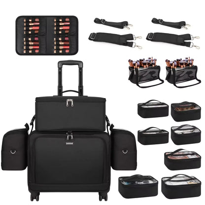 Relavel Professional 4 in 1 Black Canvas Rolling Artists Makeup Cases Travel Trolley Case with 7 Small Bags Cosmetic Cases