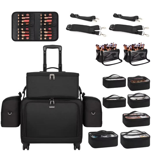 Relavel Professional 4 in 1 Black Canvas Rolling Artists Makeup Cases Travel Trolley Case with 7 Small Bags Cosmetic Cases