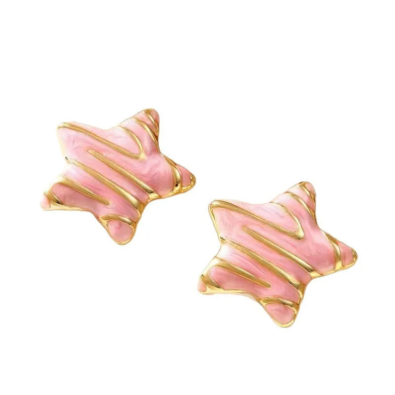 French Retro Trendy Stainless Steel Gold-Plated Star Shaped Drip Oil Earrings with Exquisite Palace Style Enamel for Women