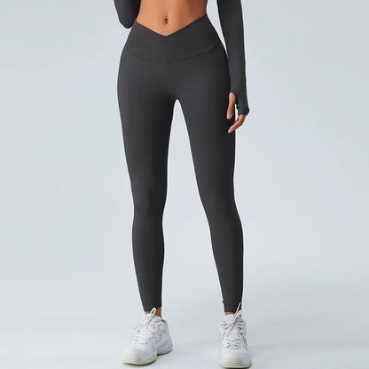 Women's High Waist Yoga Pants Cross-Over Waist Sports Leggings with Butt Lifting Effect Solid Pattern Gym Leggings for Ladies