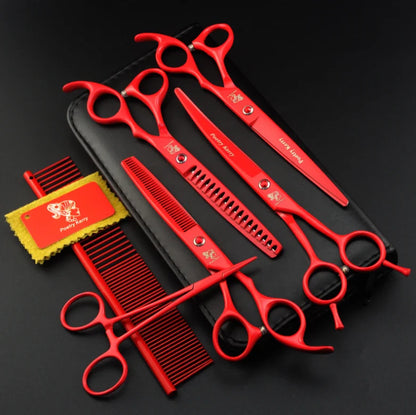 7.0 Inch  Red Veterinary Animal Shaped Scissors Pet Grooming Scissors Pet Fishbone Teeth 4 Scissors Set PTS-034