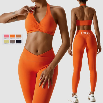 JY 2023 New Ropa Deportiva Vetements De Sport Femme Sports Halter V-neck Bra High Waist V-cut Leggings Pants 2 Pcs Yoga Sets Fit