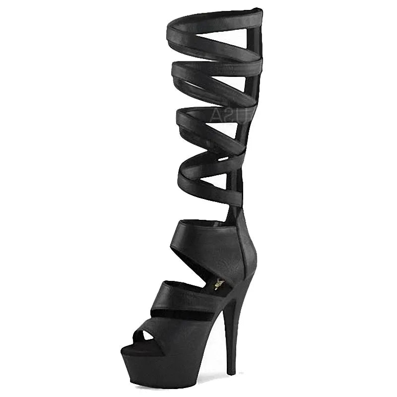 Black Patent Leather Cross Strap Back Zipper Thin Heel 6-inch Nightclub Pole Dance High Heels Model Catwalk Fish Mouth Sandals