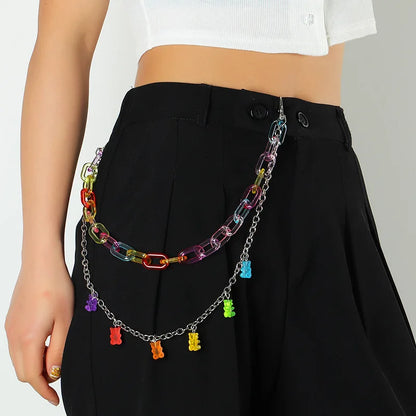 Doulbe Layered Pink Color Strawberry Resin Chain Keychains Women Girls Hip Hop Waist Chain Pants Trousers Chain Bohemian Jewelry