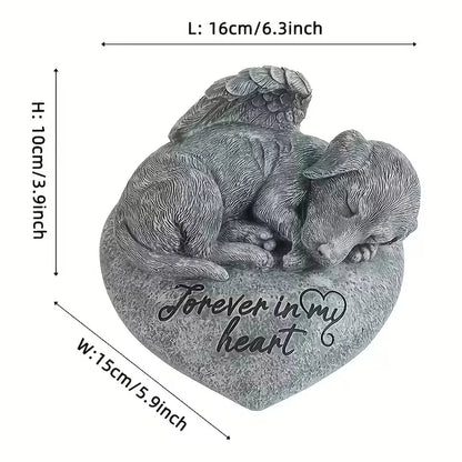 Puppy on Heart Resin Sculpture, Gray Sleeping Dog with Angel Wings Decor on Engraved Base, Pet Loss Sympathy Gift for Garden