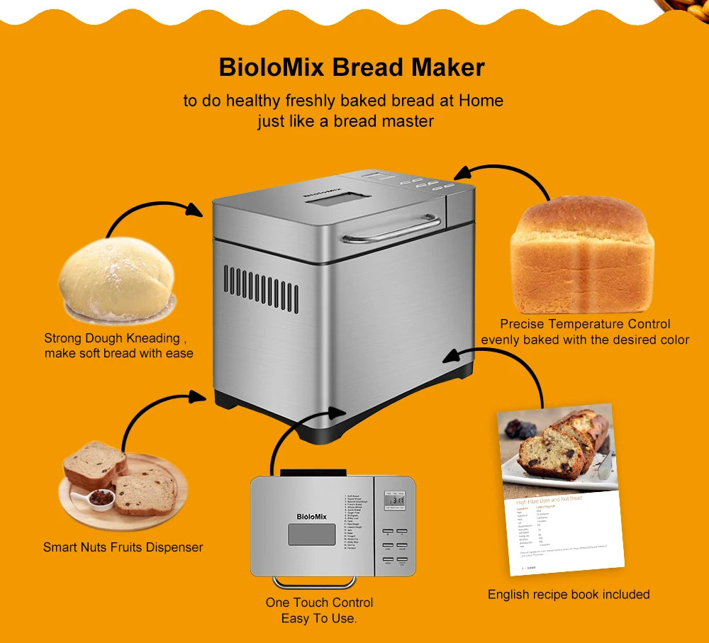 BioloMix Stainless Steel 19-in-1 Automatic Bread Maker,650W Programmable Bread Machine with 3 Loaf Sizes Fruit Nut Dispenser