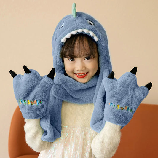 Cute Animal Thermal Children Hoodie Beanie Warm Fur Winter Kids Hat Scarf and Gloves Set