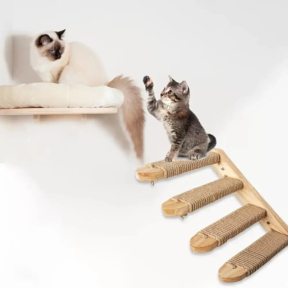 Four-Layer Wooden Cat Climbing Ladder with Sword Rope Wall-Mounted Multi-Level Outdoor Play Structure Made in China