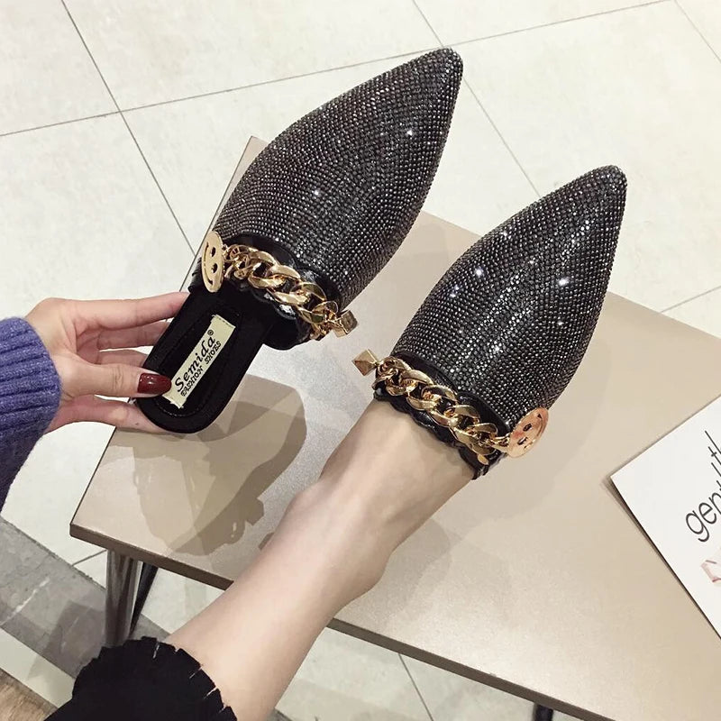 Full Rhinestone Scarpe Mule Outdoor Slippers Closed Toe Female Women Loafer Spring  Flat Shoes with Diamonds