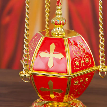Handcrafted Orthodox Golden Censer with Vibrant Red Enamel Accents Liturgical Incense Burner for Church Ceremonies