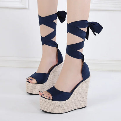 Zapatos De Plataforma De Las Mujeres Zapatillas Jute Ankle Strap Tie up Sexy Platform Sandals High Heels Wedges Shoes for Ladies
