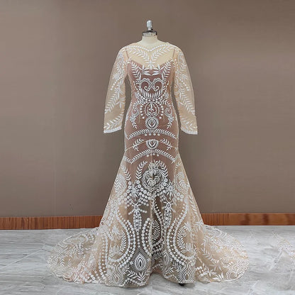 #4055 2 Piece in 1 BOHO Bohemian Long Sleeve Destination Wedding Dress Appliques Lace Wedding Shoot Post Bridal Gown REAL PHOTO