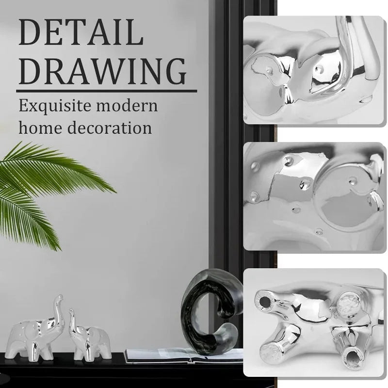 Ceramic Crafts Modern Style Figurines for Home Decor a Pair of Plated Silver Elephant Statue