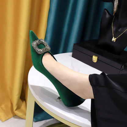 Retro Women's Shoes with Thin Heel Mid Heel Shallow Mouth Pointed Toe Metal Rhinestone Buckle Single Shoe