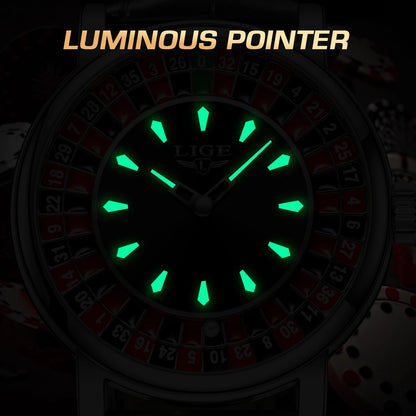 LIGE LG89161 Sample Quartz Movement Rotating Watch Gambling Disk Mens Watch Luminous Roulette Casino Watch Male Clock Custom OEM