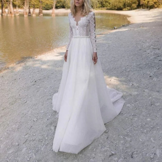 15267#Elegant Long Sleeves Appliques Lace A-line Wedding Gown Birthday Engagement Dress for Plus Size Women Prom Evening Dresses