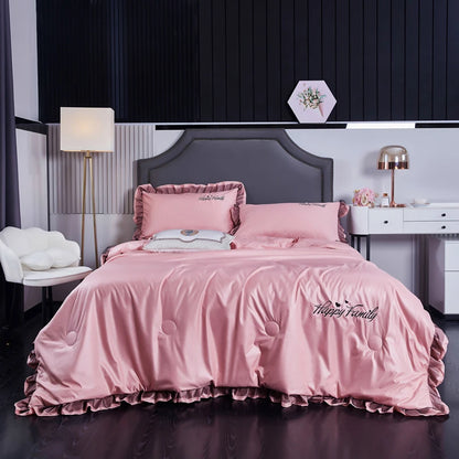 2025 Spring New Washed Silk 4PCS Bed Sheet Pink Plain Duvet Cover  with Floral Solid Cartoon Quilt Set