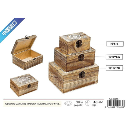 Set of 3 natural wooden boxes, 16 x 12 x 7.8 x 2 cm - Home decoration