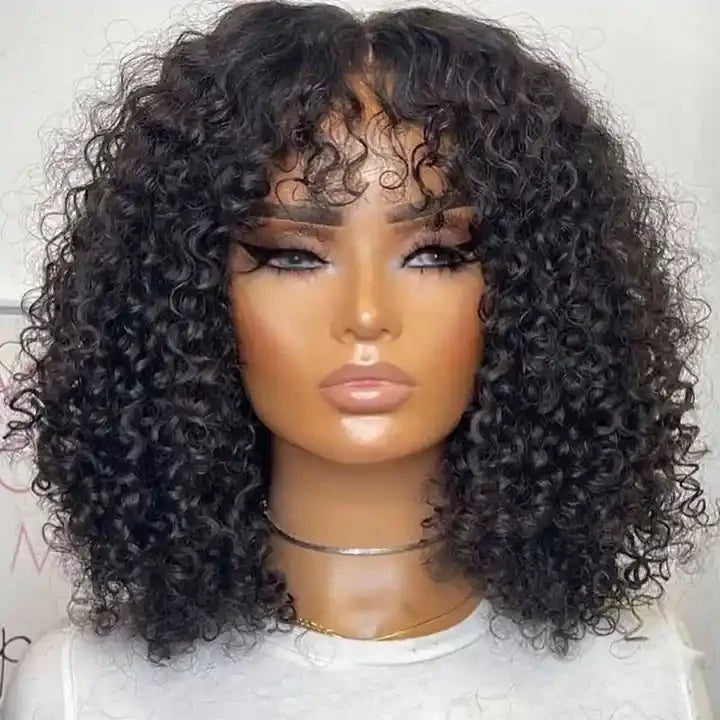 180 Density Kinky Curly Short Bob Human Hair Wig with Bangs Raw Brazilian Virgin Human Hair Afro Kinky Curly Wig for Black Women