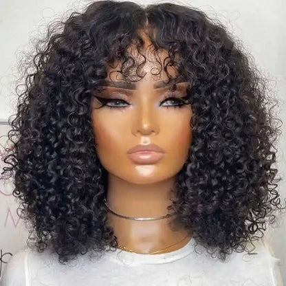 180 Density Kinky Curly Short Bob Human Hair Wig with Bangs Raw Brazilian Virgin Human Hair Afro Kinky Curly Wig for Black Women