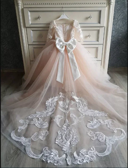 Bows Children's First Communion Dress Princess Formal Tulle Ball Gown Wedding Party Dress Cute Pink Lace Flower Girl Dress MF80
