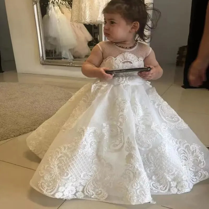 Morili Puffy Big Size Appliqued Lace Ball Gown Sheer Neck Appliques Party Birthday Kids Wedding Flower Girl Dresses MF502