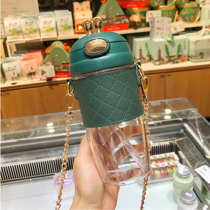 580ml Rabbit Ears Cute Plastic Water Bottle with Straw Pearls Metal Chain Strap Portable Kid Water Bottle