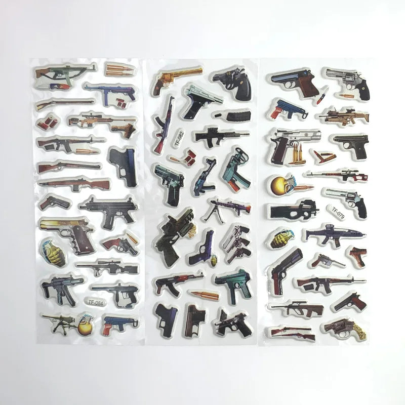 12Sheets/Set Military Fans Weapon Gun Pistol Stickers for Kids Boys PVC Bubble Scrapbook DIY Toys