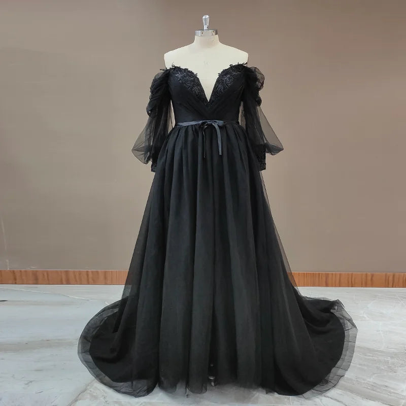 9908# Elegant Black Strapless Puff Sleeves Boho Lace Appliqque Wedding Dress  Backless Wedding Bridal Gown party gown