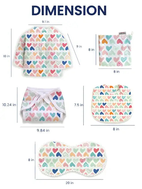 Mulmul Muslin Cotton Newborn Baby Gift Set Heart Print Soft Breathable Essentials for Infants Baby Shower and Daily Use