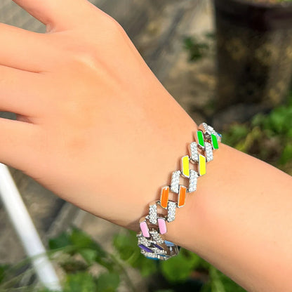 Glittering Colorful Unique Design Jewelry Cubic Zirconia Stone Paved Enamel Chunky Cuban Chain Link Bracelets Bangles for Women