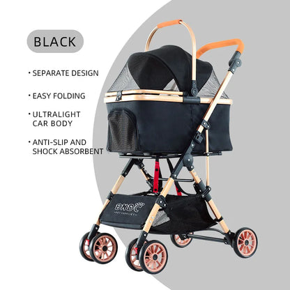 Luxury Easy Fold Removable Liner Waterproof Adjustable Storage Basket Pet Stroller 4 Wheel 15kg Capacity for Dogs/Cats Aluminum