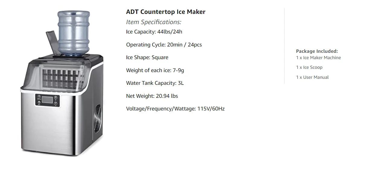 Hicon Tisch-Eiswürfelmaschine, 1 Gallone (3,8 Liter), automatische Selbstreinigung, quadratische Eiswürfel, 44 Pfund (20 kg)/24 Stunden, 24 Eiswürfel in 15 Minuten, inklusive Eisschaufel