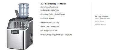 Hicon Tisch-Eiswürfelmaschine, 1 Gallone (3,8 Liter), automatische Selbstreinigung, quadratische Eiswürfel, 44 Pfund (20 kg)/24 Stunden, 24 Eiswürfel in 15 Minuten, inklusive Eisschaufel