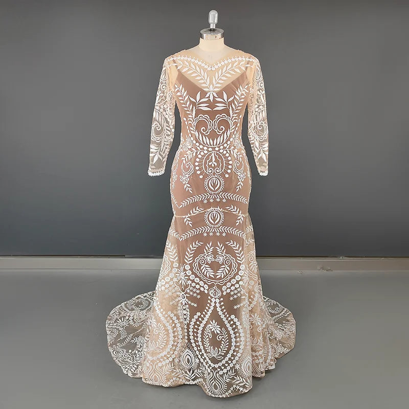 #4055 2 Piece in 1 BOHO Bohemian Long Sleeve Destination Wedding Dress Appliques Lace Wedding Shoot Post Bridal Gown REAL PHOTO