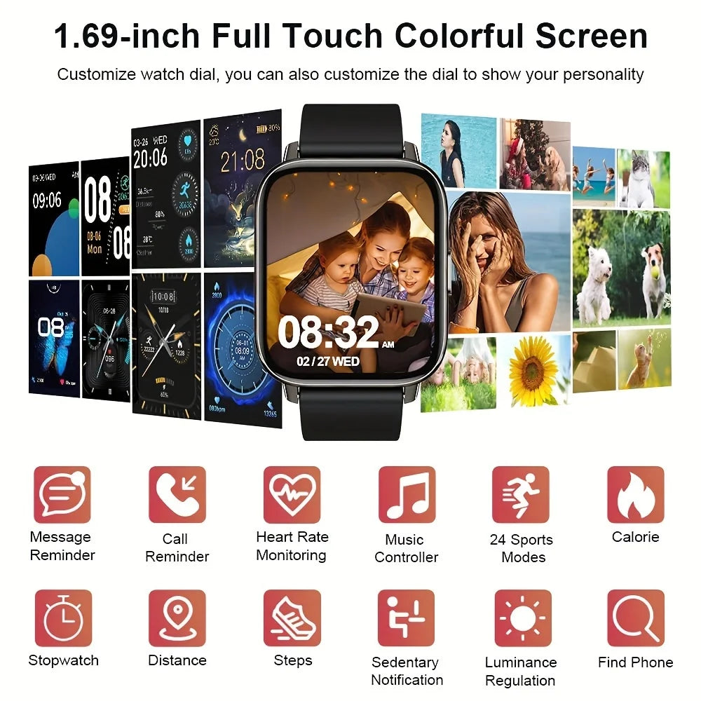 1.69" Touch Screen Smartwatch, a Fitness Tracker Featuring a Sleep Monitor and Step Counter,Supports 10 Sports Modes for Running