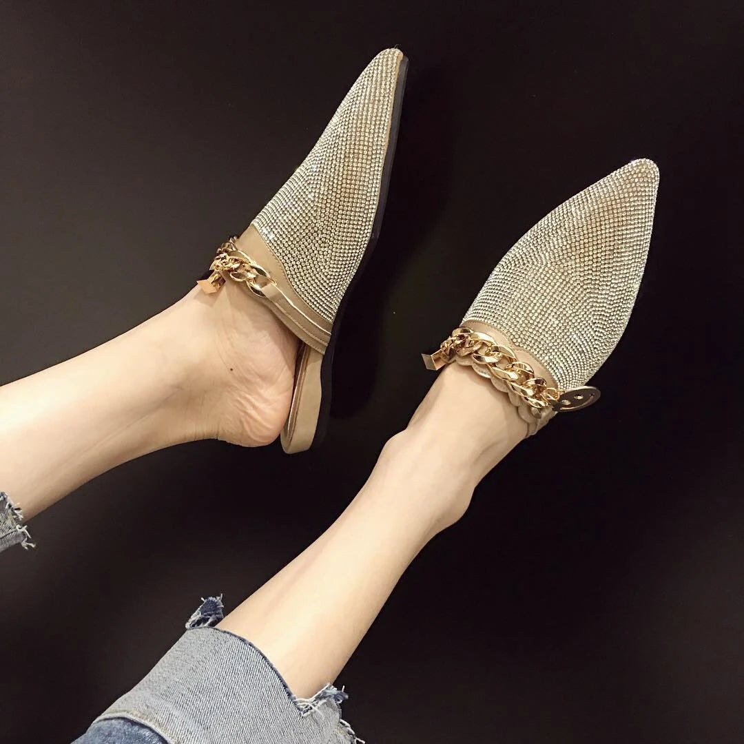 Full Rhinestone Scarpe Mule Outdoor Slippers Closed Toe Female Women Loafer Spring  Flat Shoes with Diamonds