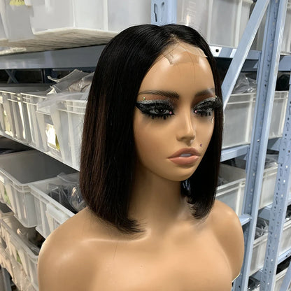 Short Medium Split Non-glue Human Hair Wig Double Straightened Bob Front Lace 6-12 Inches Black Transparent European Hair Mix