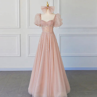 Elegant Short Puff Sleeve Beading Sequins Lace Bow A-line Lace-up Bridesmaid Dress for Girls Evening Party Dress Plus Size Women