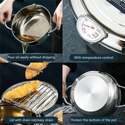 LMETJMA Japanese Deep Frying Pot with a Thermometer and a Lid 304 Stainless Steel Kitchen Tempura Fryer Pan 20 24 cm KC0405
