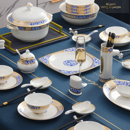 Light Luxury Tableware Set Bowls and Dishes Combination Enamel Blue and White Embossed Bowls and Dishes