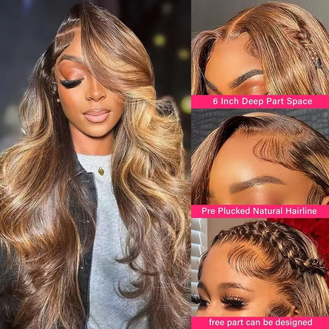 13x4 Highlight P4/27 Body Wave Lace Frontal Human Hair Wig Honey Blonde Colored 13x6 HD Lace Front Wigs for Women Pre Plucked
