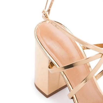 2020 Latest Women Chunky High Heel Gold Strappy Party Dress Summer Sandals