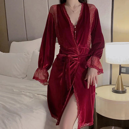 Velour Fold Slit Add Bra Pad Deep V Temptation Lace Splice Slip Nightdress Robe Set Sexy Underwear