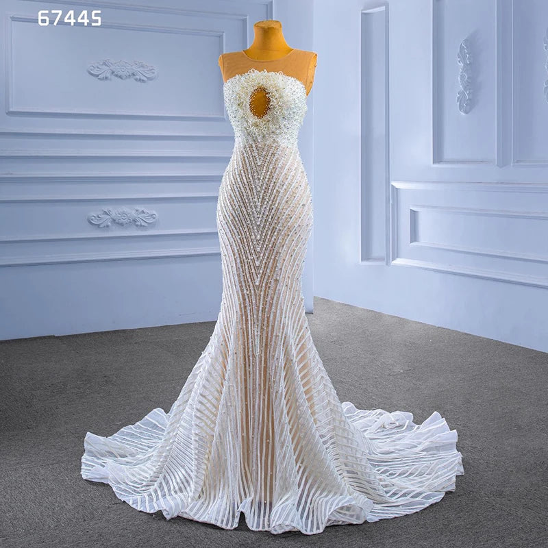 Rsm67445 2022 Bridal Wedding Dress Latest Design Luxury Sleeveless Lace Beaded Slim Fit Ladies Wedding Dress
