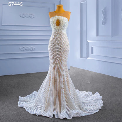 Rsm67445 2022 Bridal Wedding Dress Latest Design Luxury Sleeveless Lace Beaded Slim Fit Ladies Wedding Dress