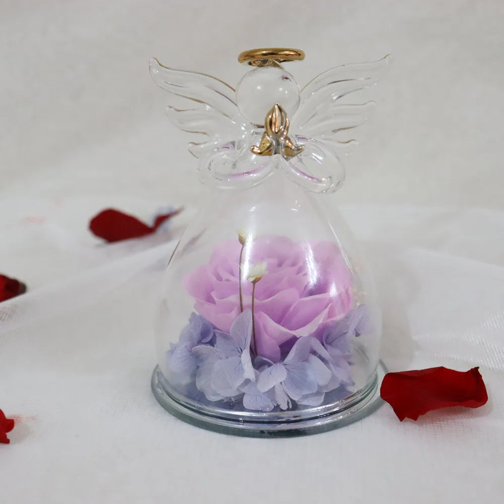 Wholesale Customized Angel Figurines Glass Dome Real Preserved Rose Flower for Valentine's Day Eternal Forever Roses Flowers