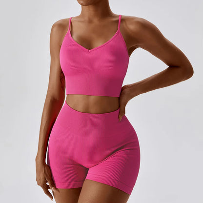 Joyyoung ODM/OEM New Sexy Training Apparel Seamless Ribbed High ed Bra Scrunch Shorts Yoga Sets Fitness Sports Clothing