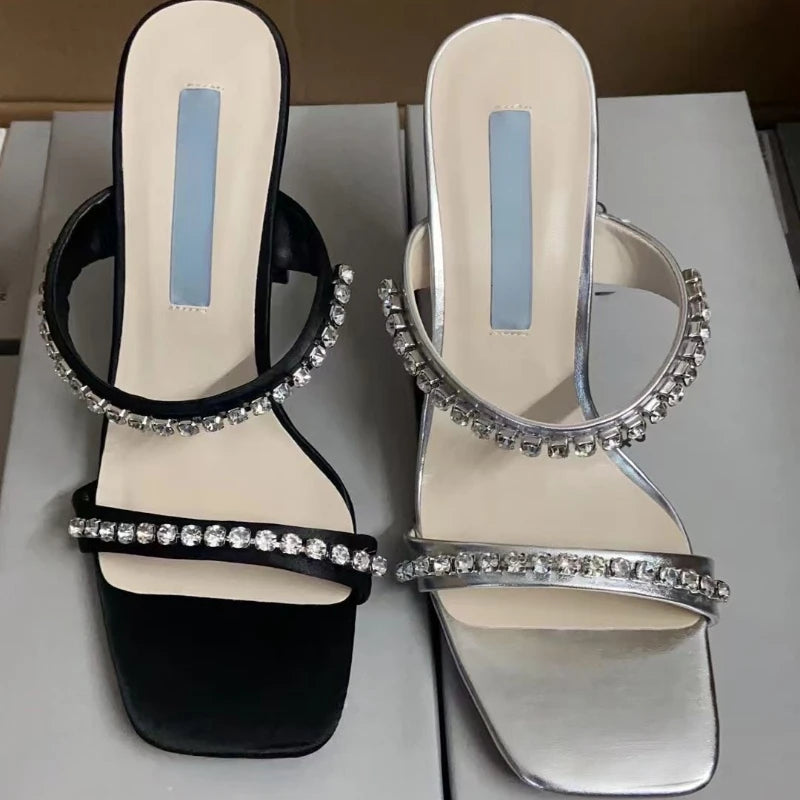 Rhinestone Sandales Talon Femme Slipper Female Shoes Trendy Summer Square Toe High Heels for Ladies